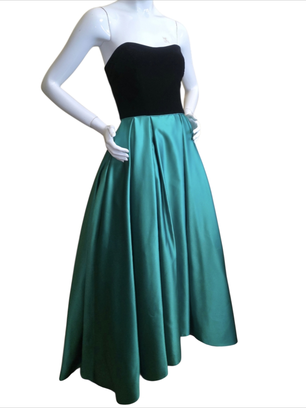 Betsy & Adam Strapless Black Velvet & Emerald Satin High-Low Evening Gown Sz 8